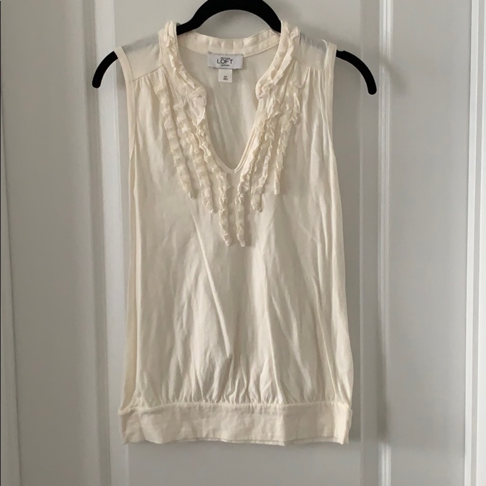 LOFT Ivory V-Neck Ruffles Sleeveless 100% Cotton Top Size Small Petite